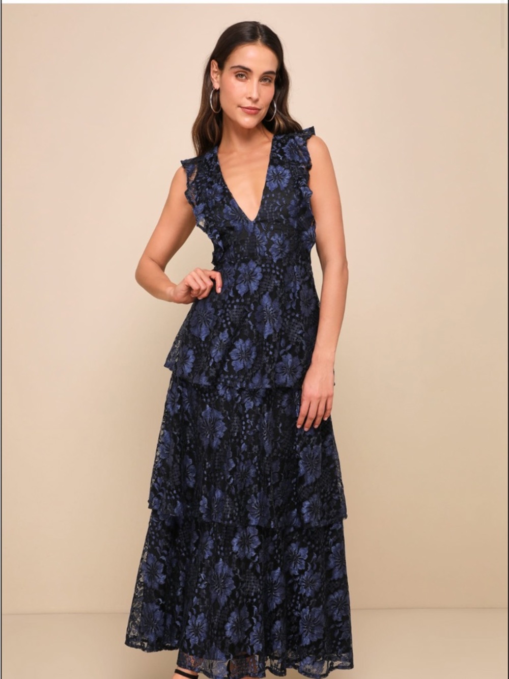 Lulus Molinetto Navy Blue Lace Ruffled Tiered Sleeveless Maxi Dress
